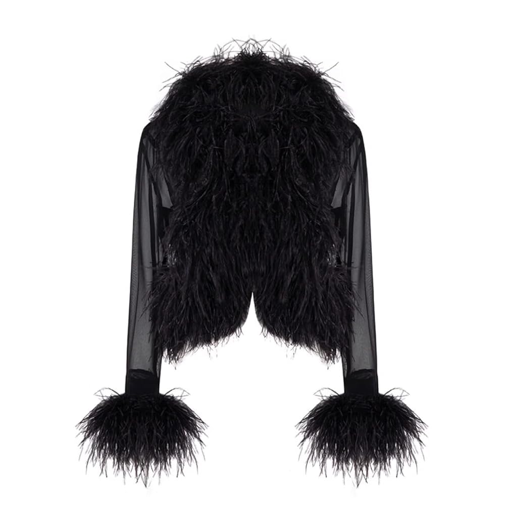 Youlander Fur FE-19 See-Through Top with Real Feather Collar